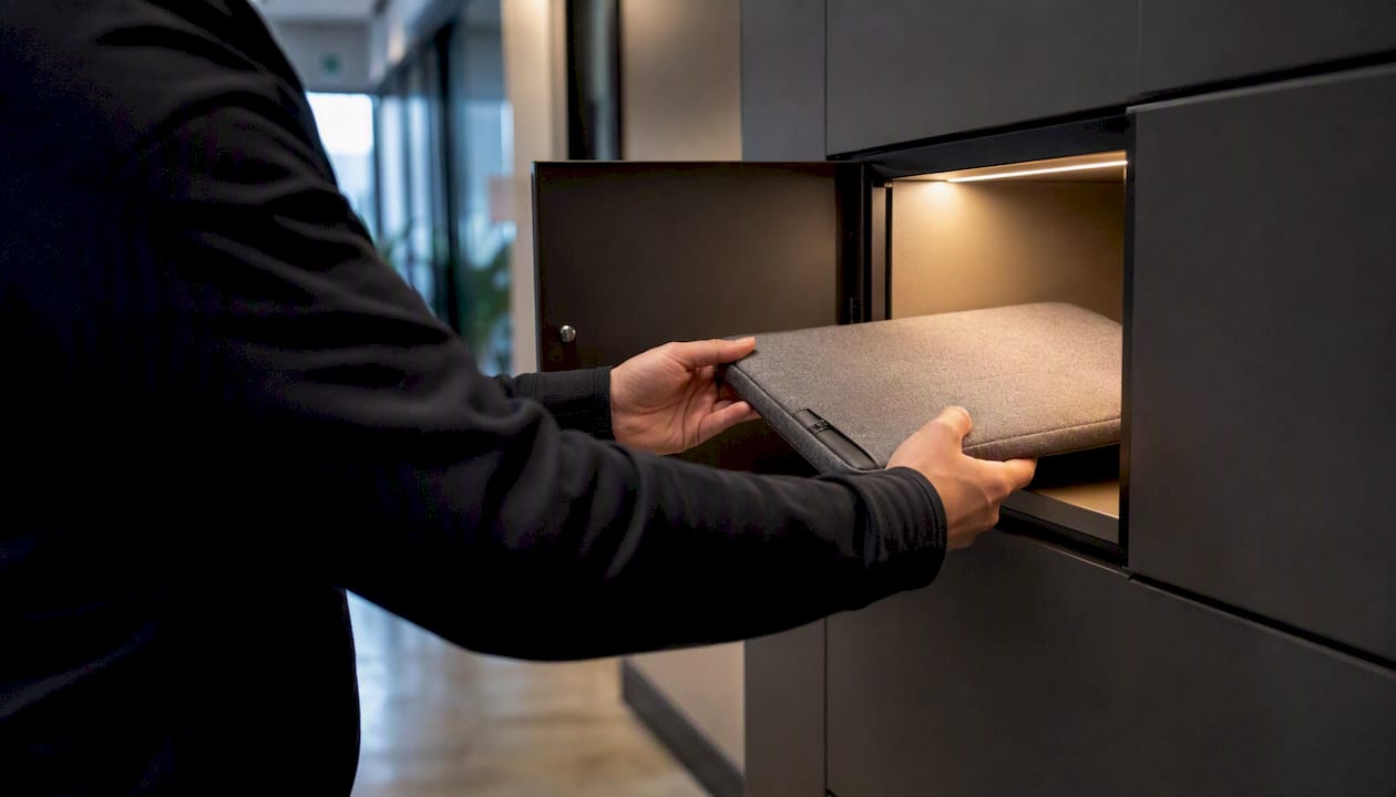 Hands returning laptop sleeve to secure locker