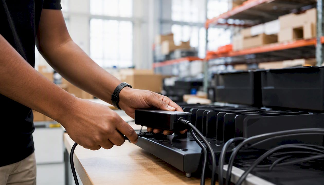 Hands connecting laptop charger in IT warehouse