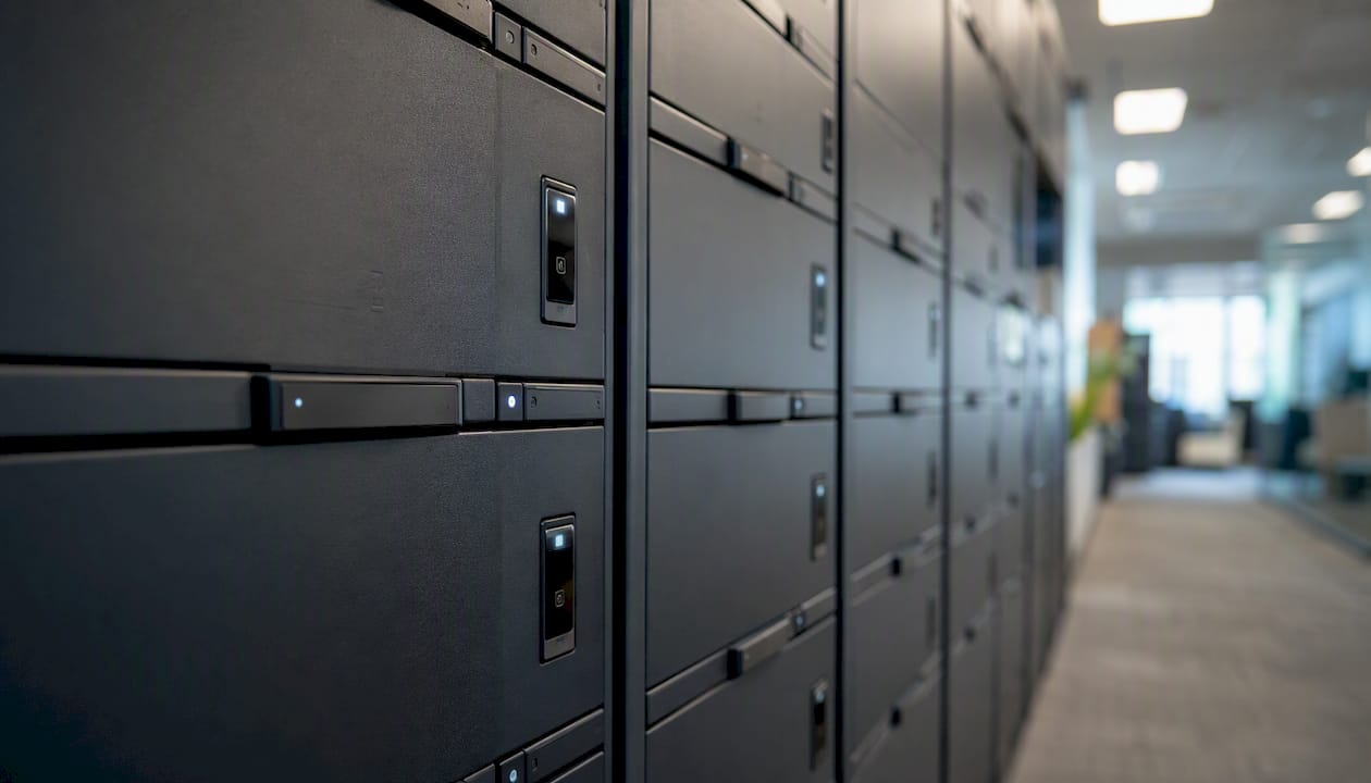 Locker banks in office corridor for device requests