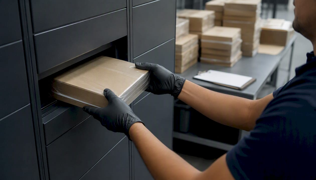 Hands placing device in secure locker
