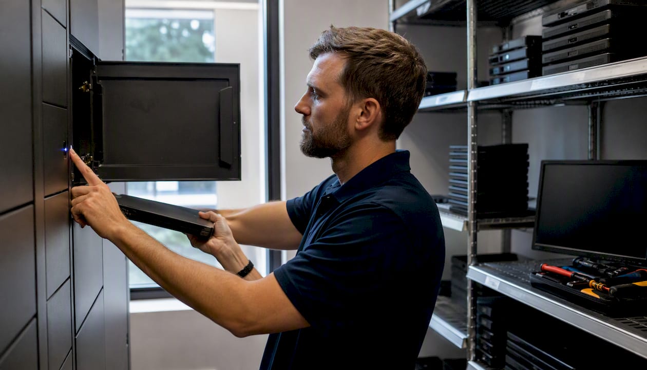 Person accessing smart locker in IT storage room
