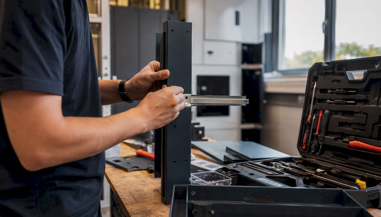 Hands unpacking locker accessory in IT workspace