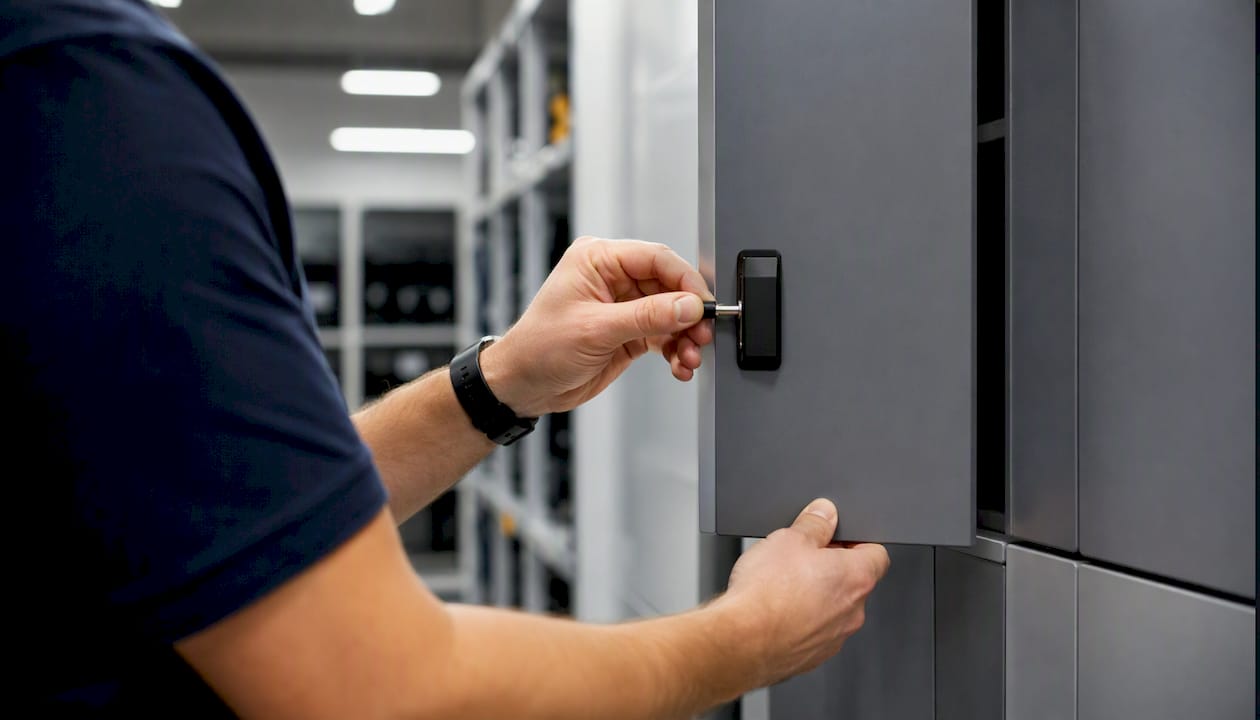 Hands opening smart locker door in IT room