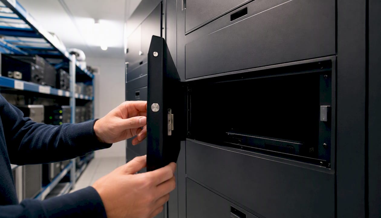 Hands opening electronic locker for IT device