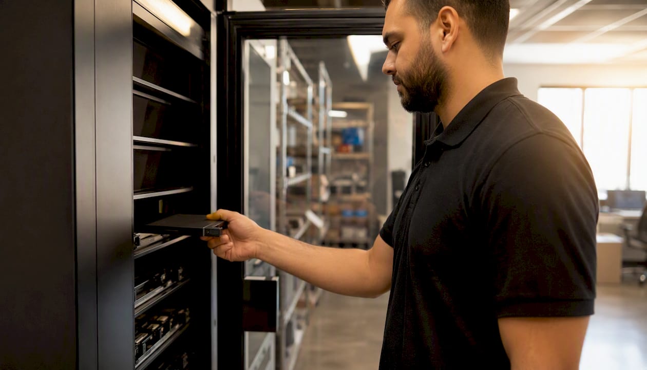Hand taking peripheral from smart vending unit