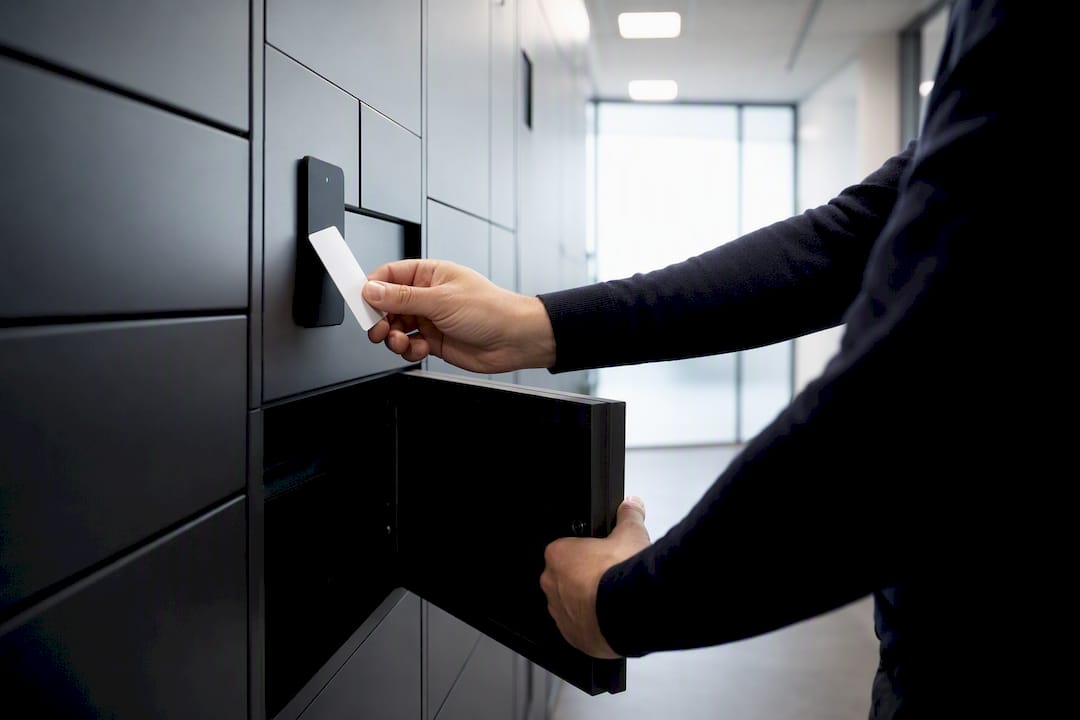 Hands opening IT asset locker door and scanning badge