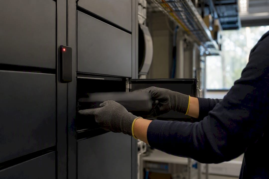 Hands placing device into secure IT locker