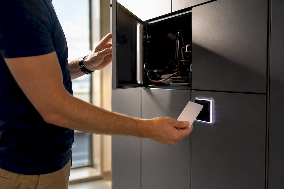 Technician scanning badge to open device locker