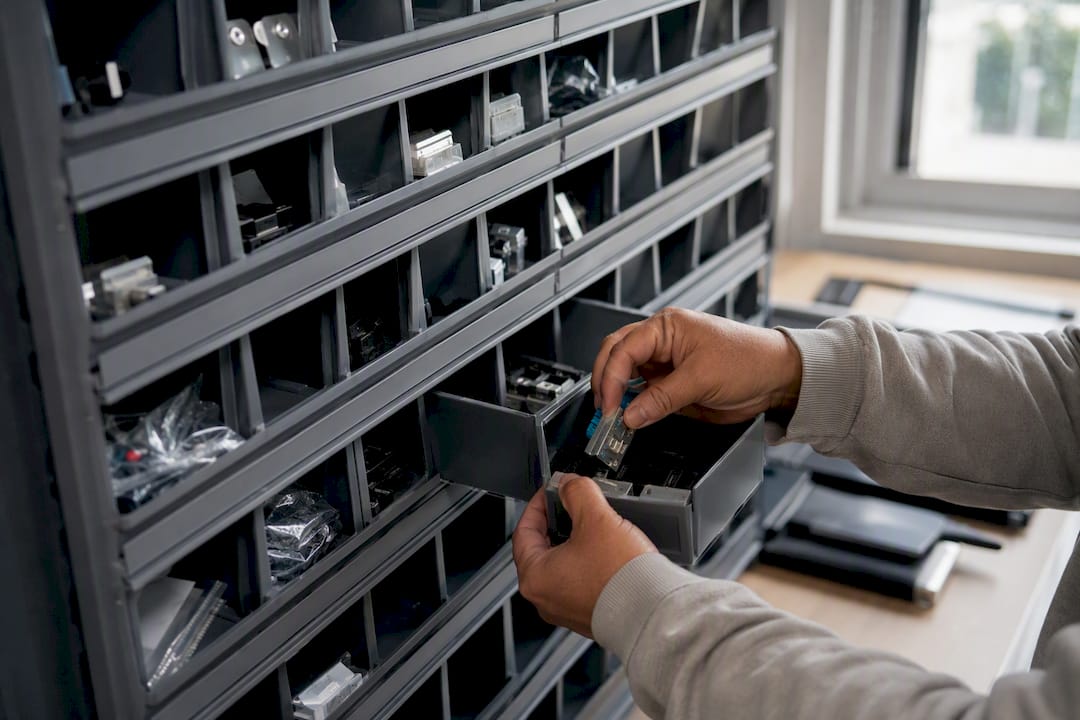 Hands placing hardware into uniform storage compartments