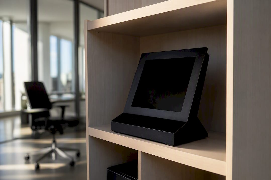 Closed audit logbook on an IT office table