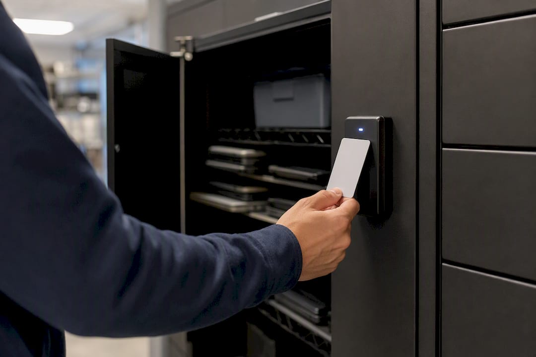 Hands scanning badge to open IT locker