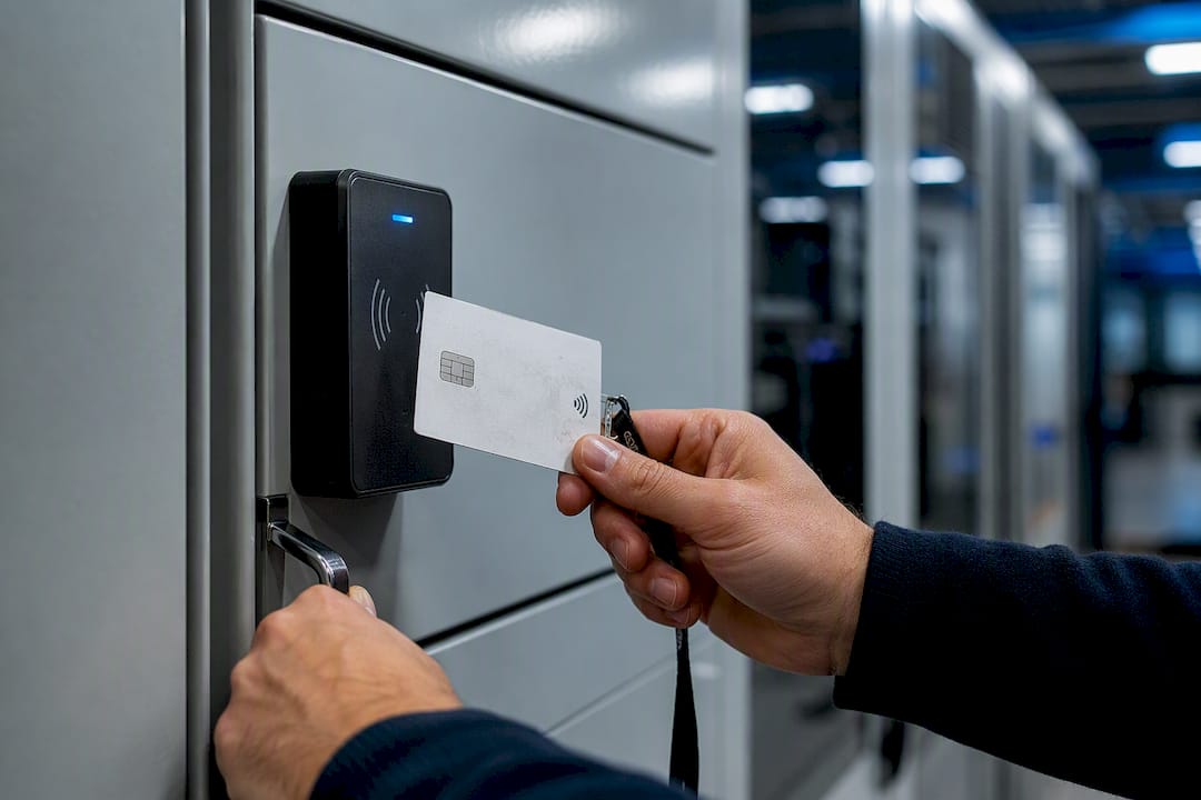 Hands scanning badge on IT locker