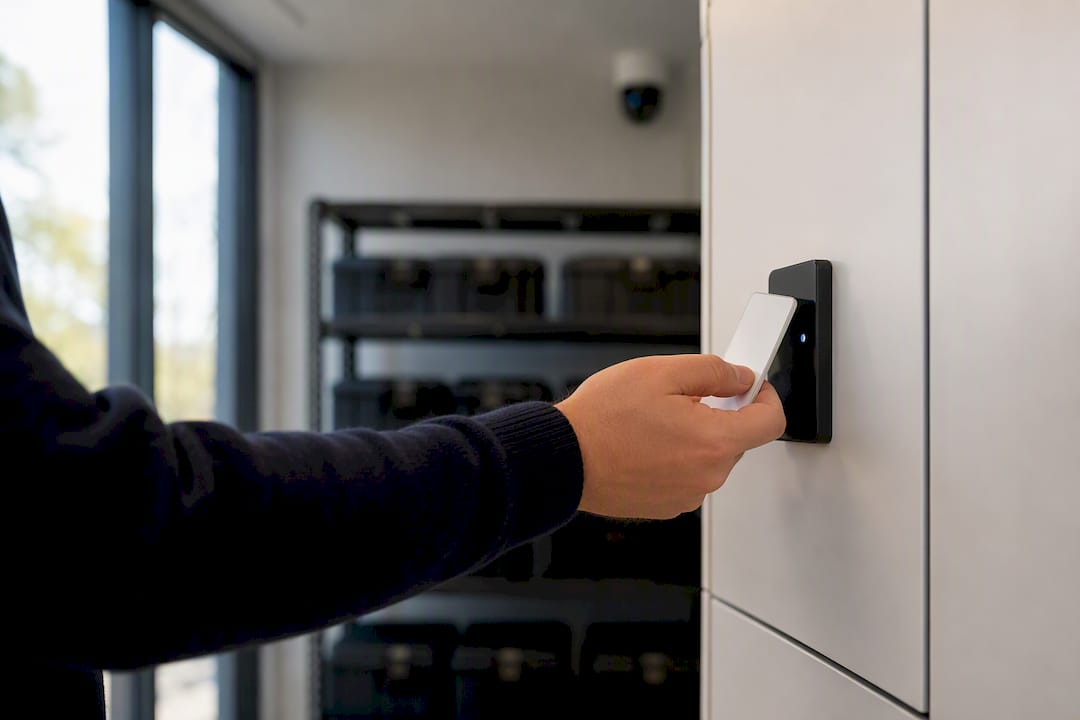 Hands scanning badge to access IT locker