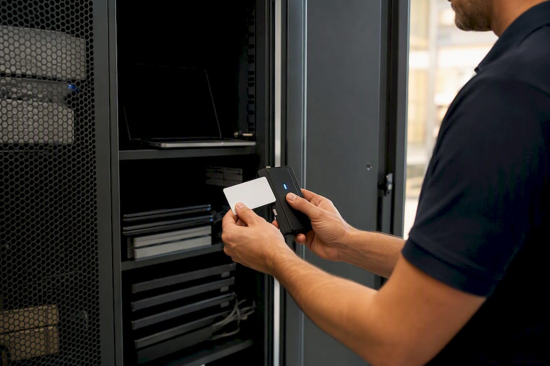 Hands scanning badge at IT locker door