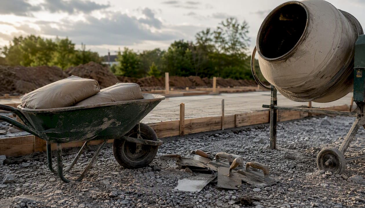 Concrete construction materials and tools on ground