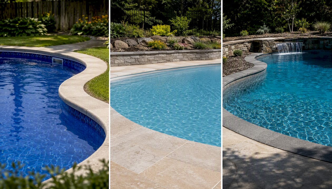 Side view of vinyl, fiberglass, and concrete pool types