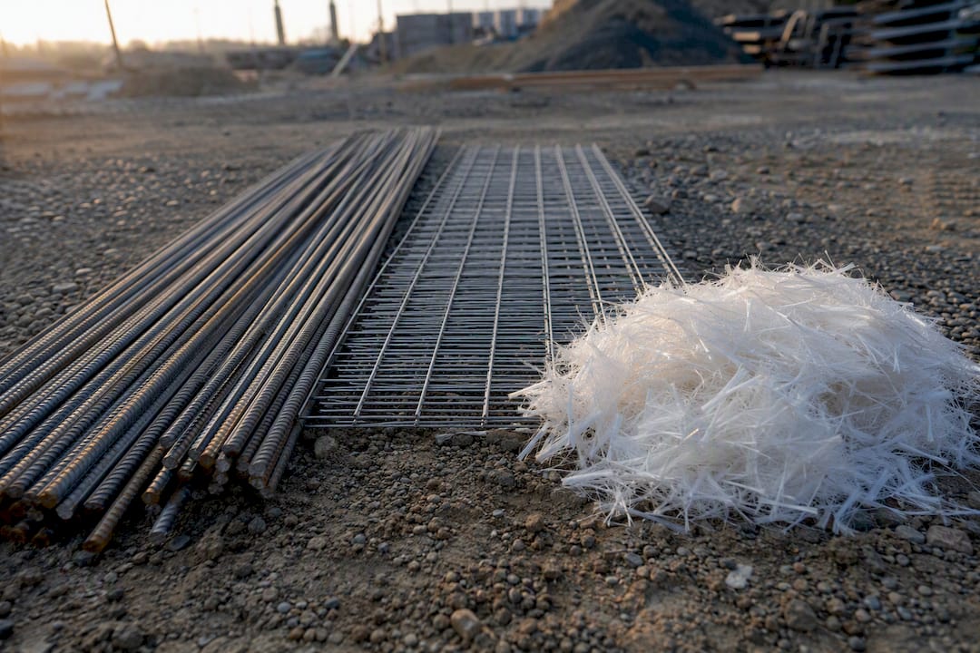 Close-up of rebar, wire mesh, and fiber reinforcement