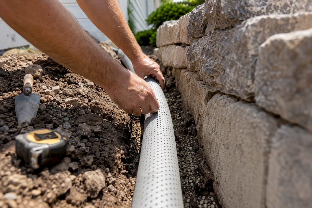 Hands placing drainage pipe in retaining wall trench