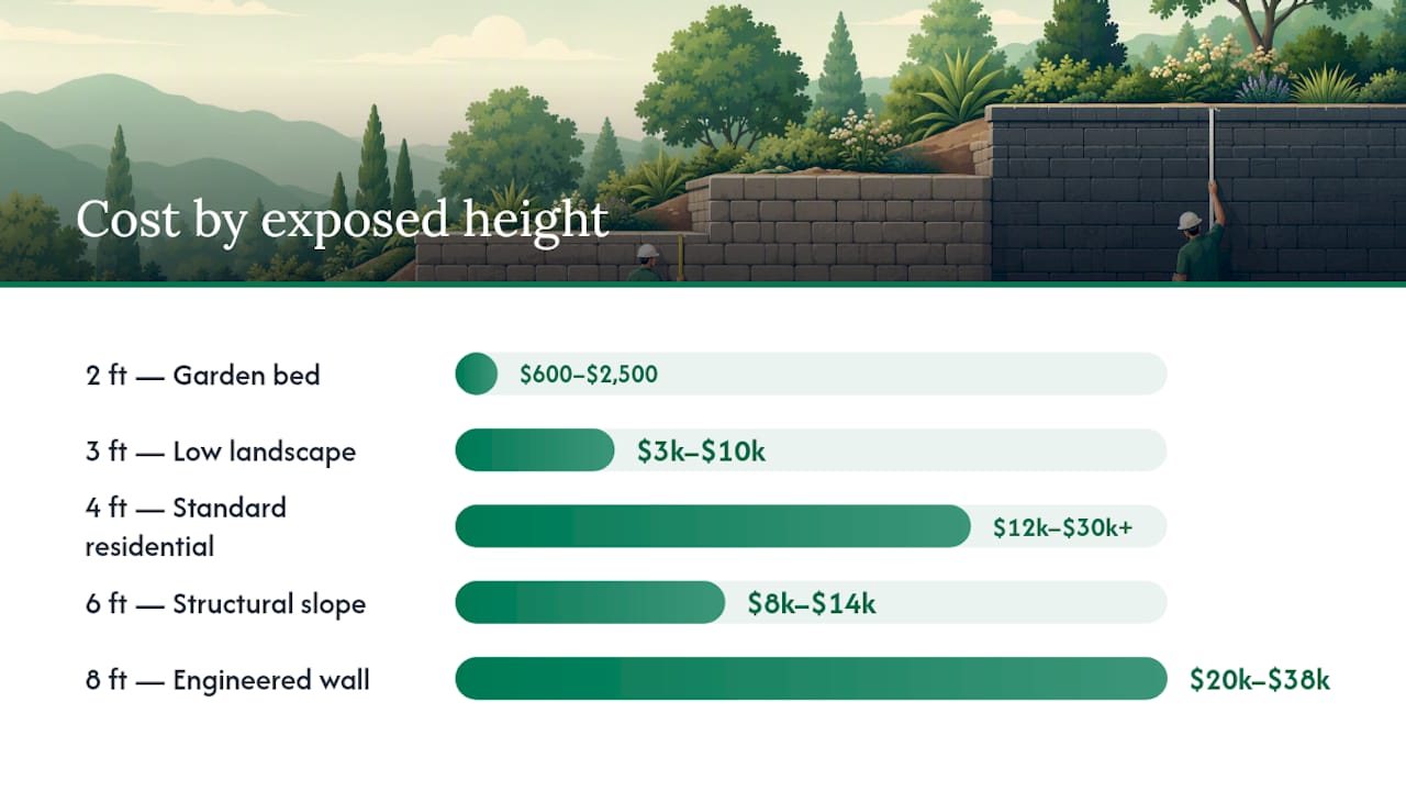 Diagram of retaining wall cost scaling by height and material