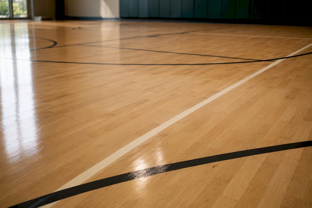 Maple hardwood flooring in indoor basketball court