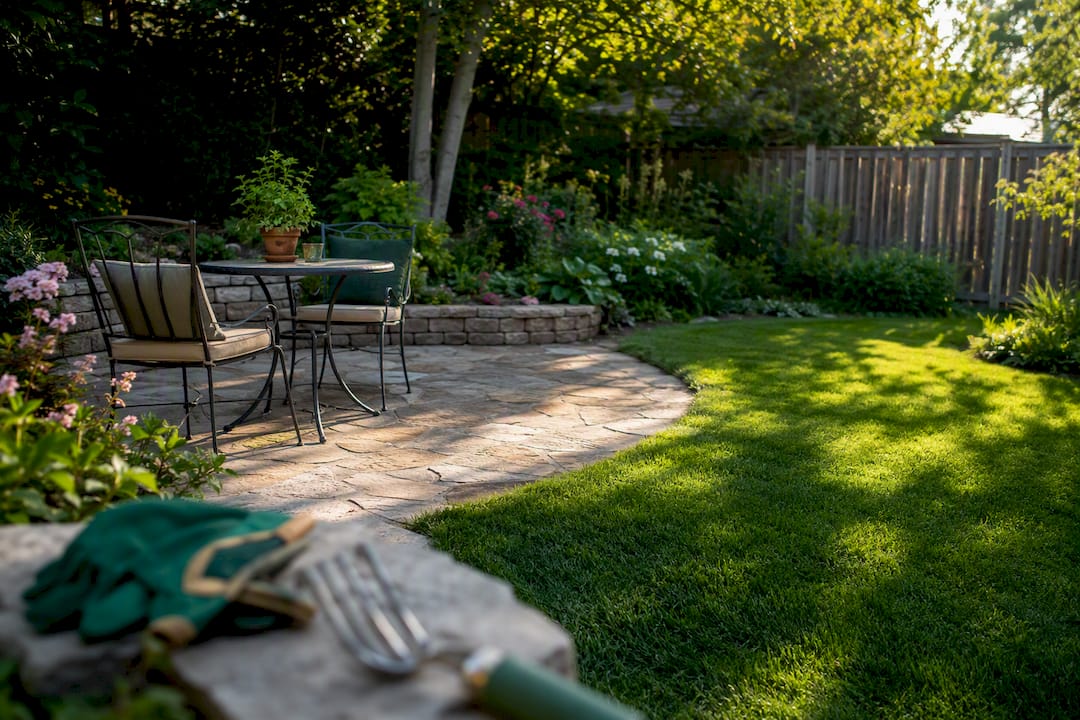 Small backyard patio with new sod and plants