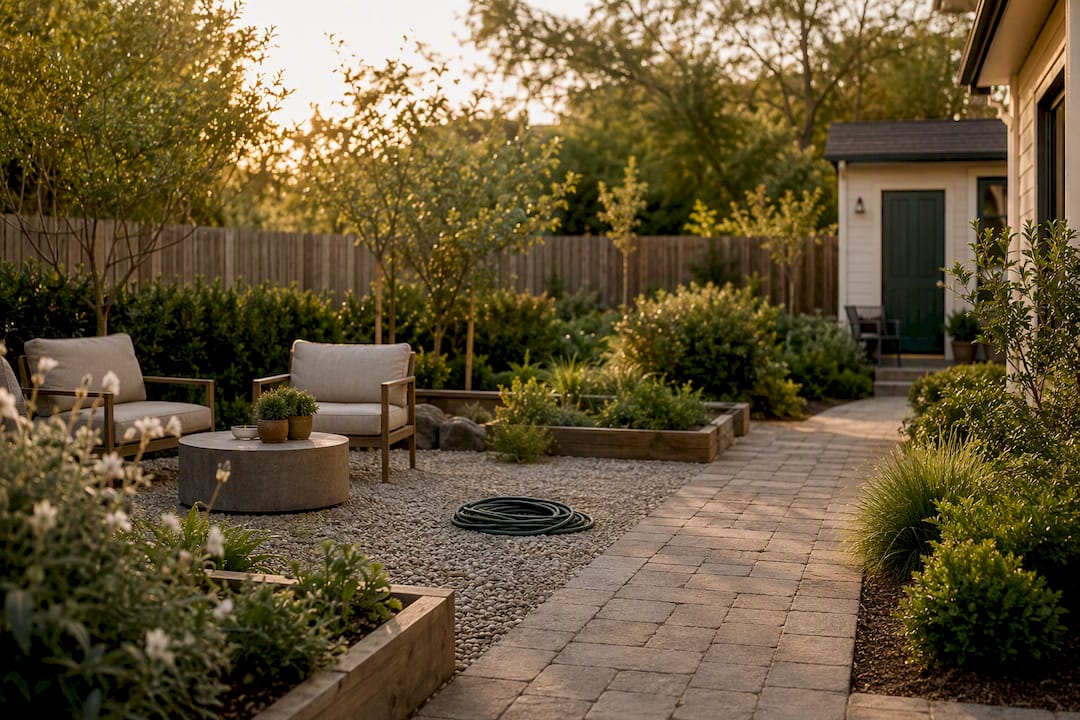 Backyard with gravel, pavers, and plantings