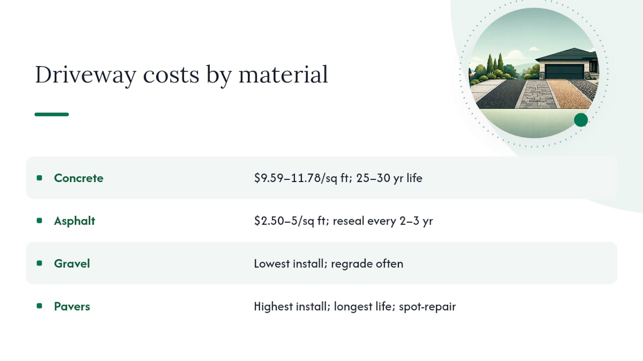 Diagram comparing driveway materials on cost and maintenance