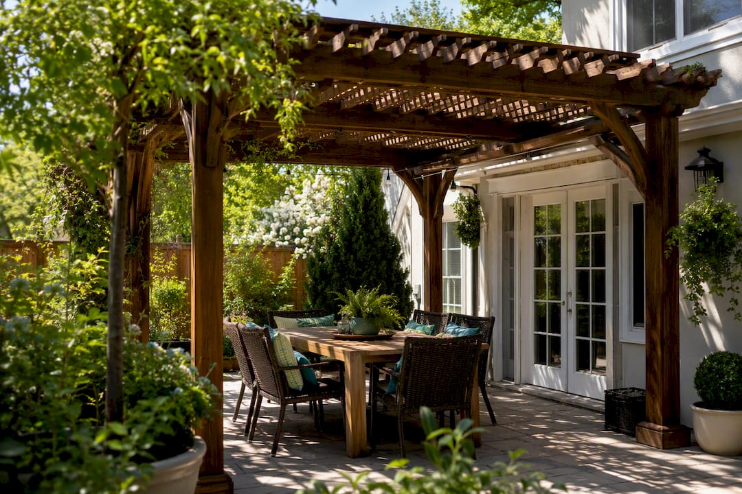 Wooden pergola over outdoor dining deck