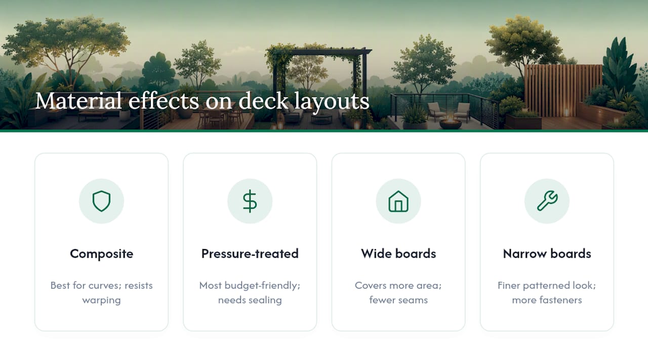 Diagram comparing decking materials and layout patterns