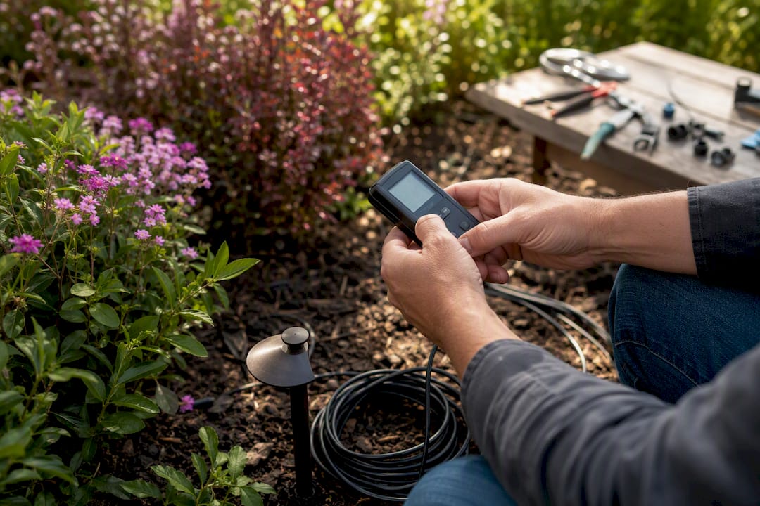 Hands measuring outdoor lighting wire length