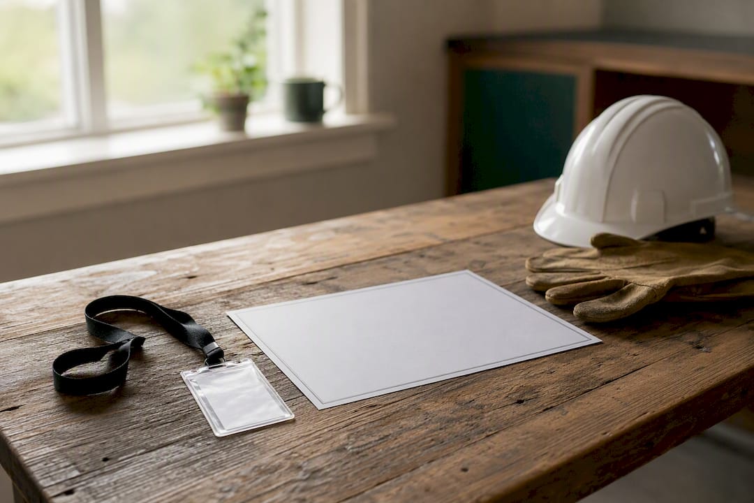 Contractor license, badge, and safety gear on table