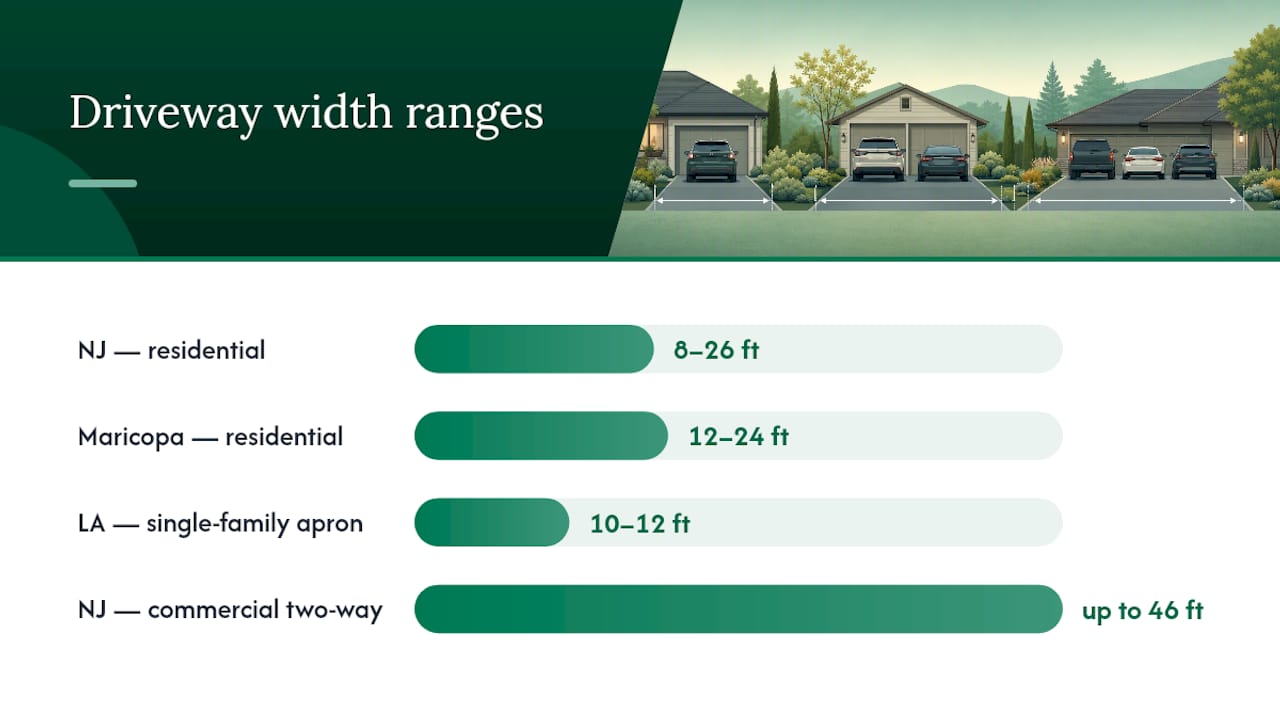 Diagram comparing municipal driveway width codes by region