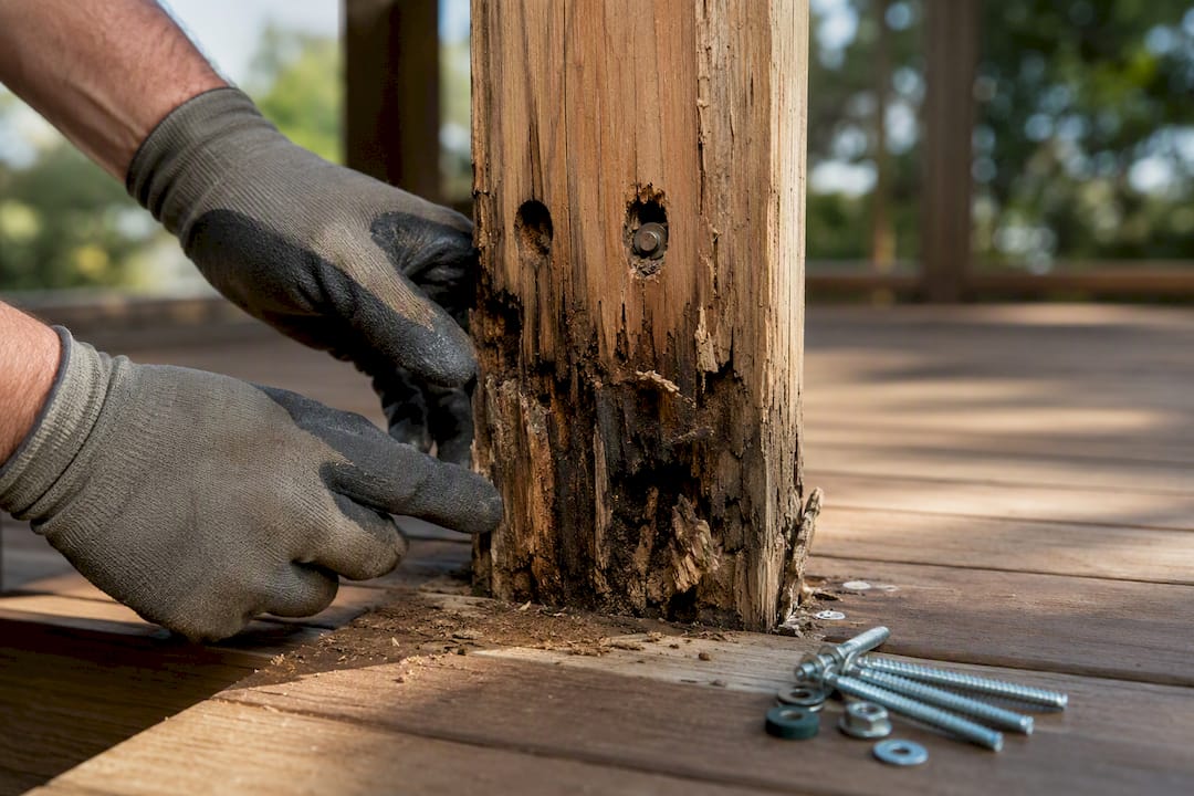 Rotten deck railing post exposed during inspection
