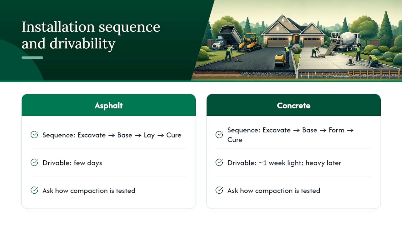 Asphalt and concrete installation timelines compared
