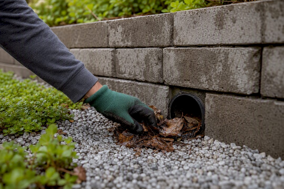 Hand clearing leaves from wall drain outlet