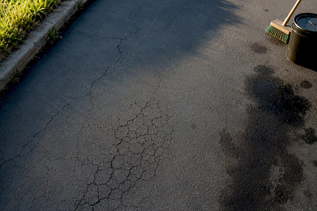 Cracks and oil stains on asphalt driveway