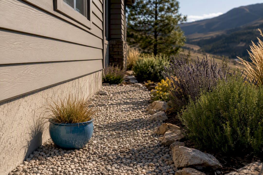 Gravel firebreak beside Idaho xeriscape foundation
