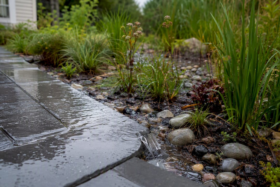 Runoff flowing from patio into rain garden
