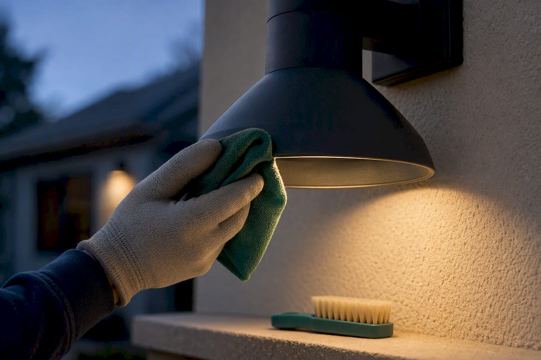 Hand cleaning a shielded outdoor light lens
