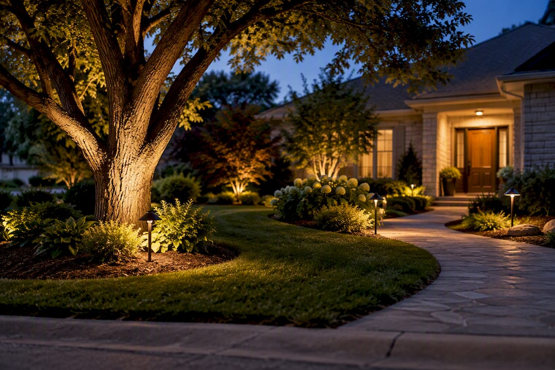 Front yard landscape lighting viewed at dusk
