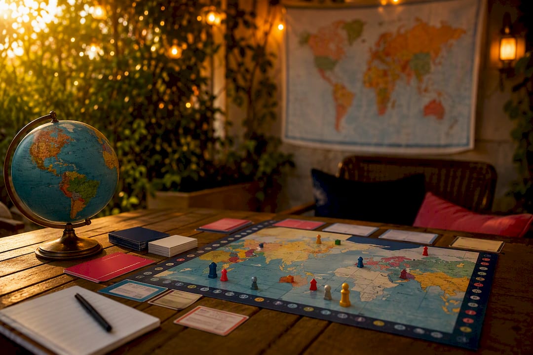Organized geography quiz game setup with props
