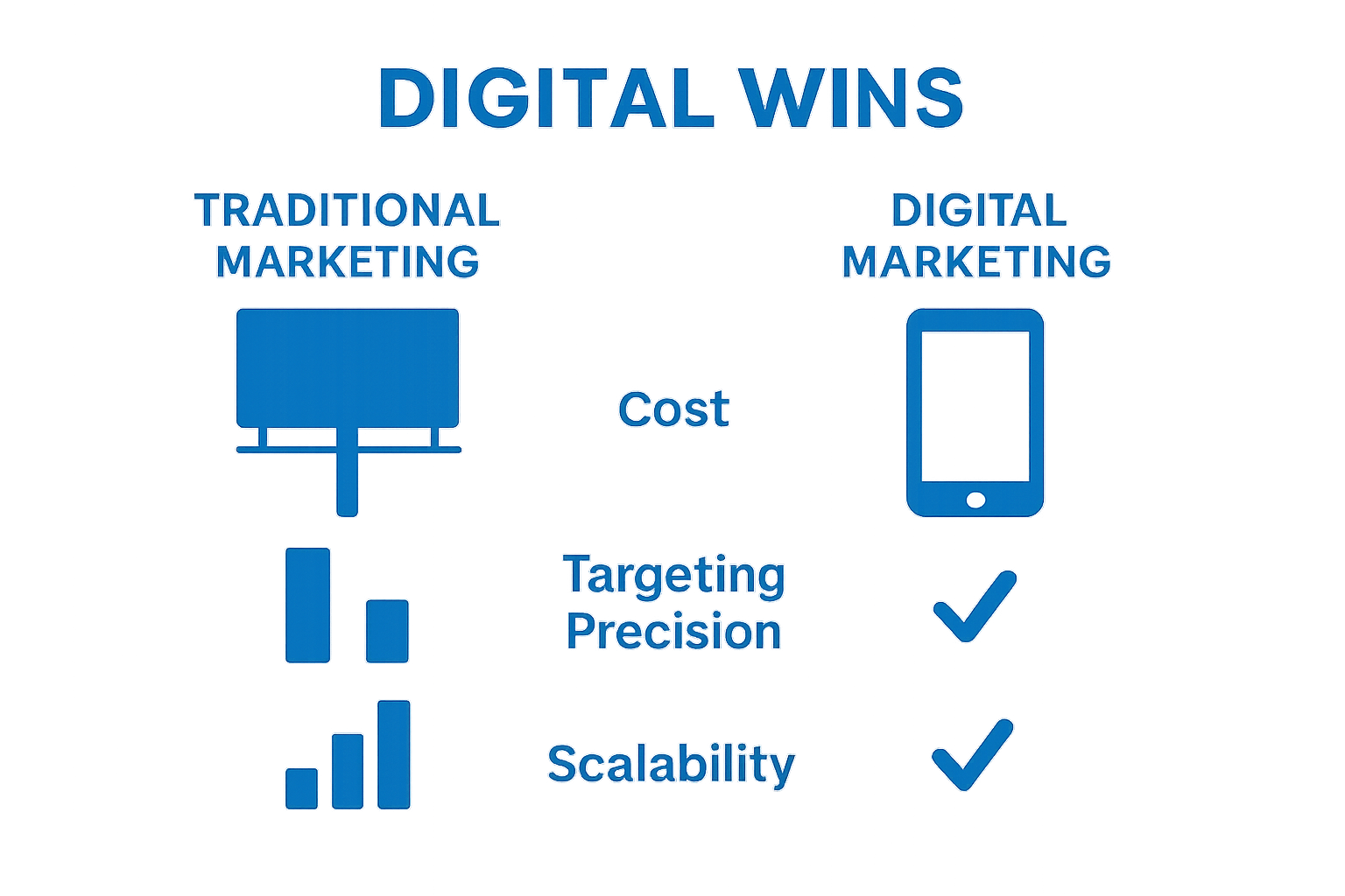 Infographic comparing traditional vs digital marketing on cost, targeting, and scalability