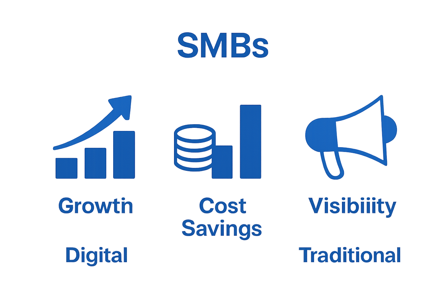 Infographic comparing growth, cost, and visibility for SMBs using digital vs traditional marketing
