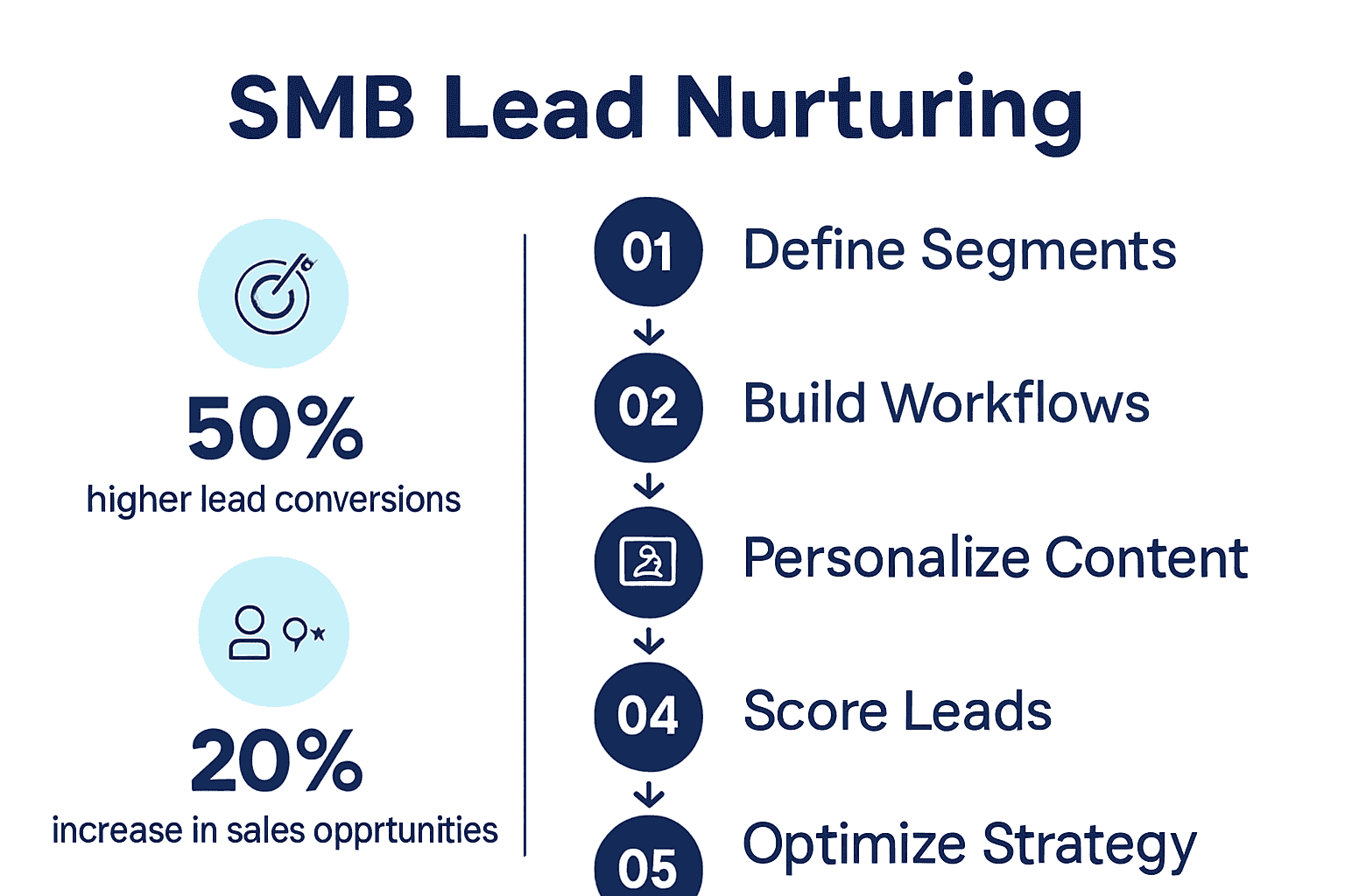 Five-step SMB lead nurturing process infographic with icons and data points
