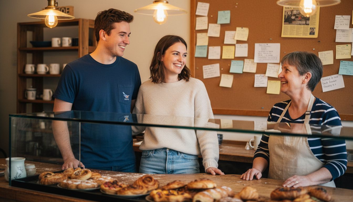 Bakery owner engaging with trusting customers