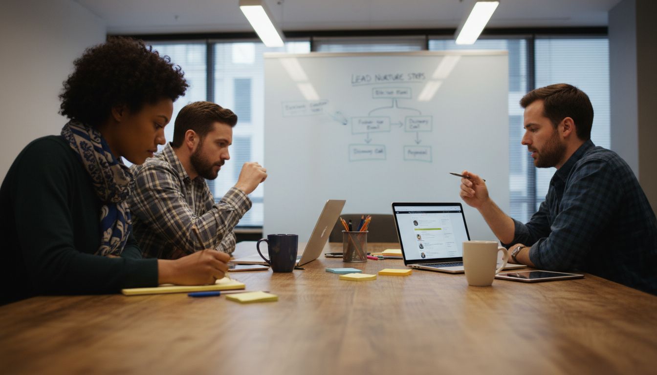 Team collaborating with CRM software in office