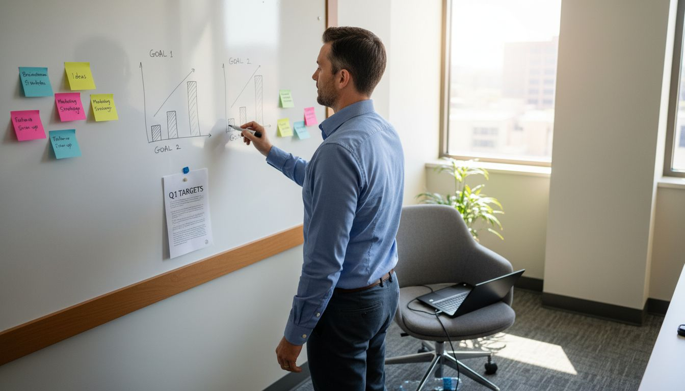 Manager outlining goals on whiteboard