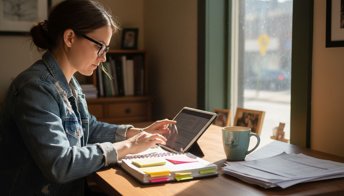 Small business owner using CRM tablet at desk