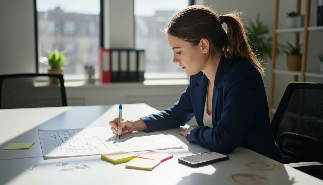 Woman draws marketing workflow diagram in office
