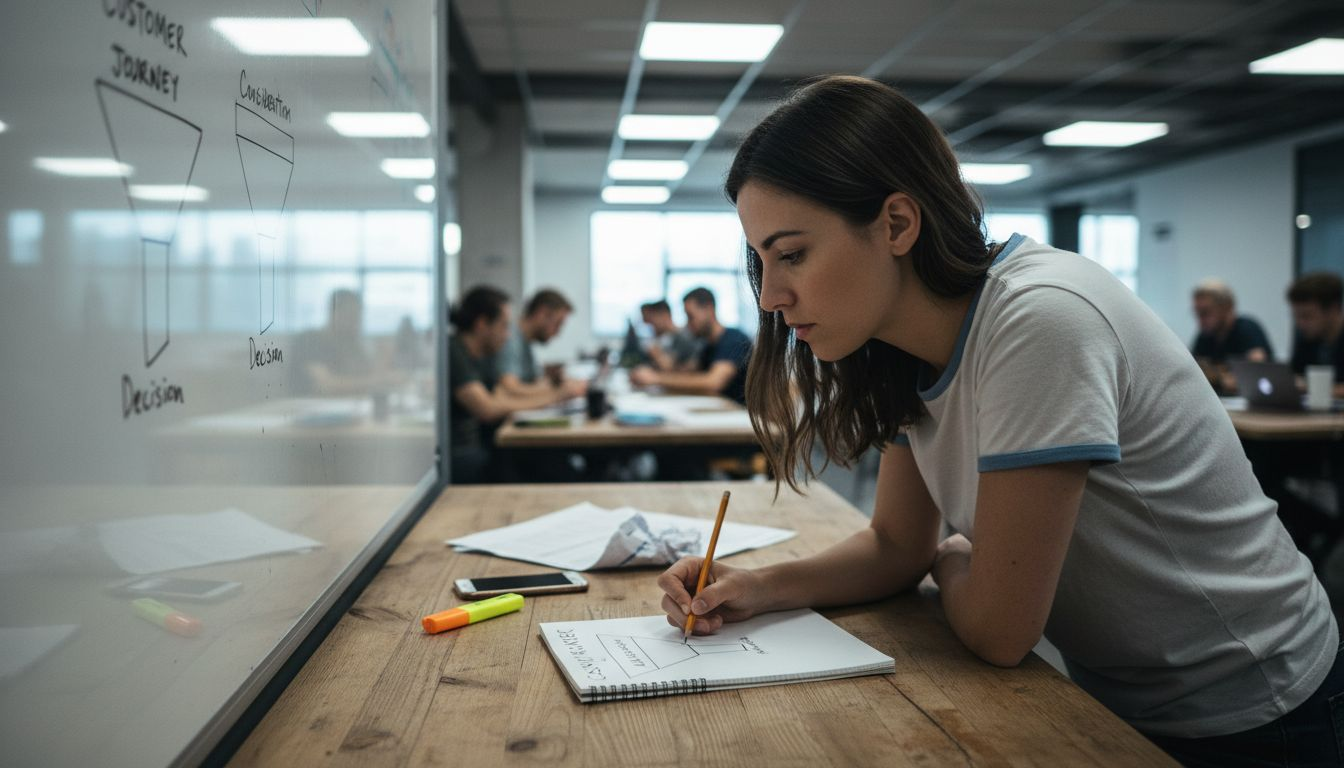 Businesswoman outlining funnel stages at desk